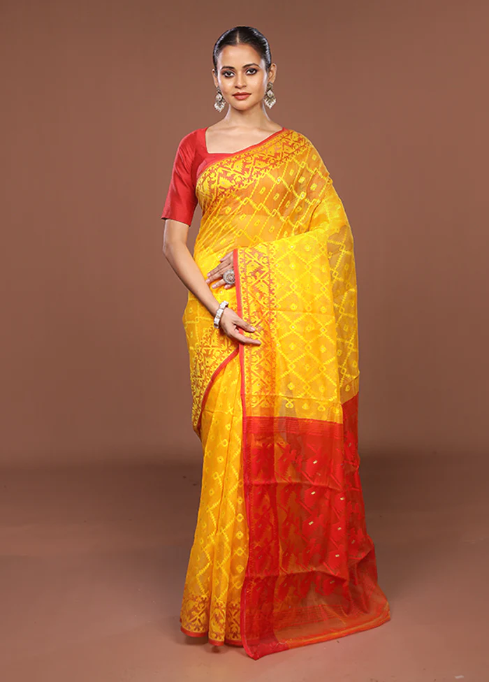 Yellow Jamdani Cotton Saree Without Blouse Piece - Image 2