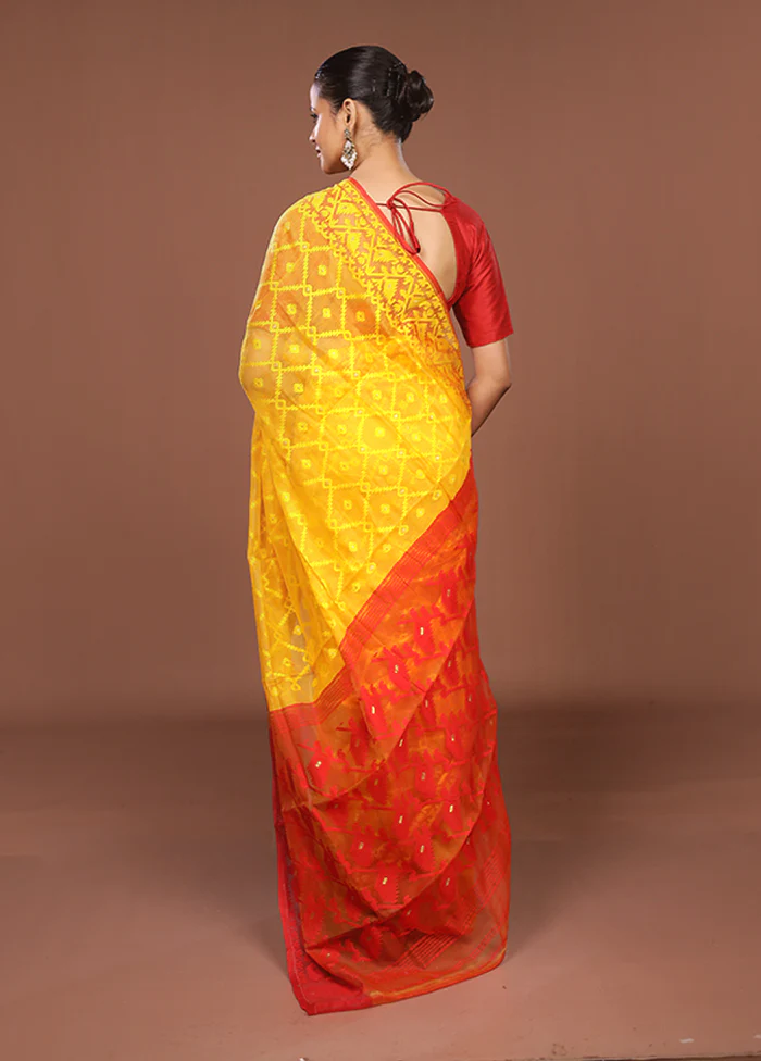 Yellow Jamdani Cotton Saree Without Blouse Piece - Image 3