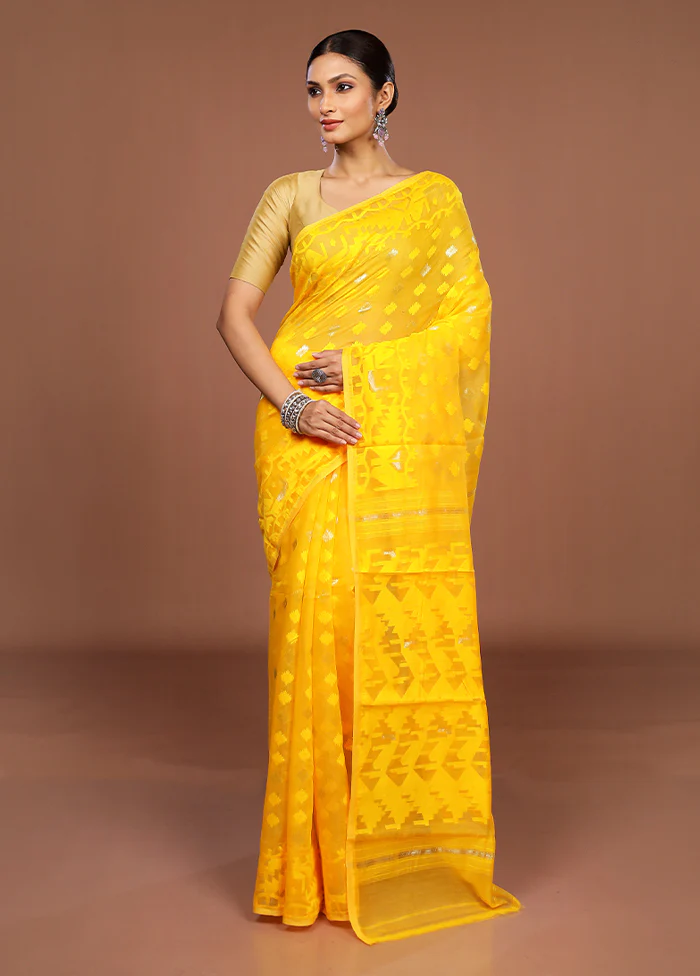 Yellow Jamdani Cotton Saree Without Blouse Piece - Image 2