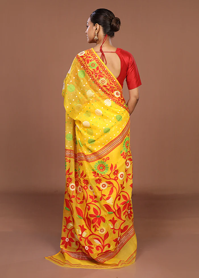 Yellow Jamdani Cotton Saree Without Blouse Piece - Image 3