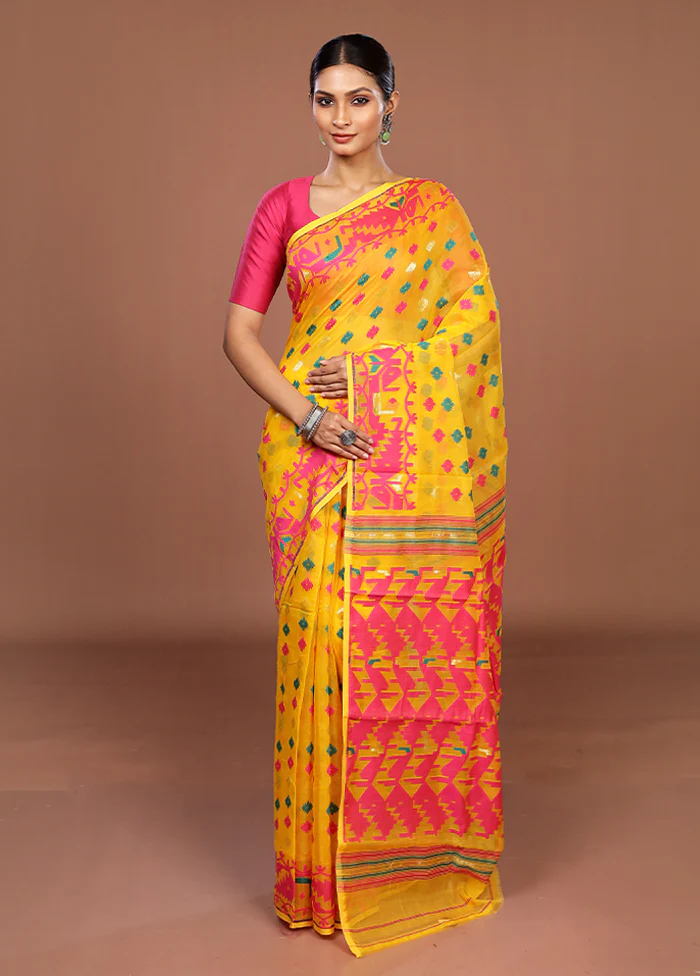 Yellow Jamdani Cotton Saree Without Blouse Piece - Image 2