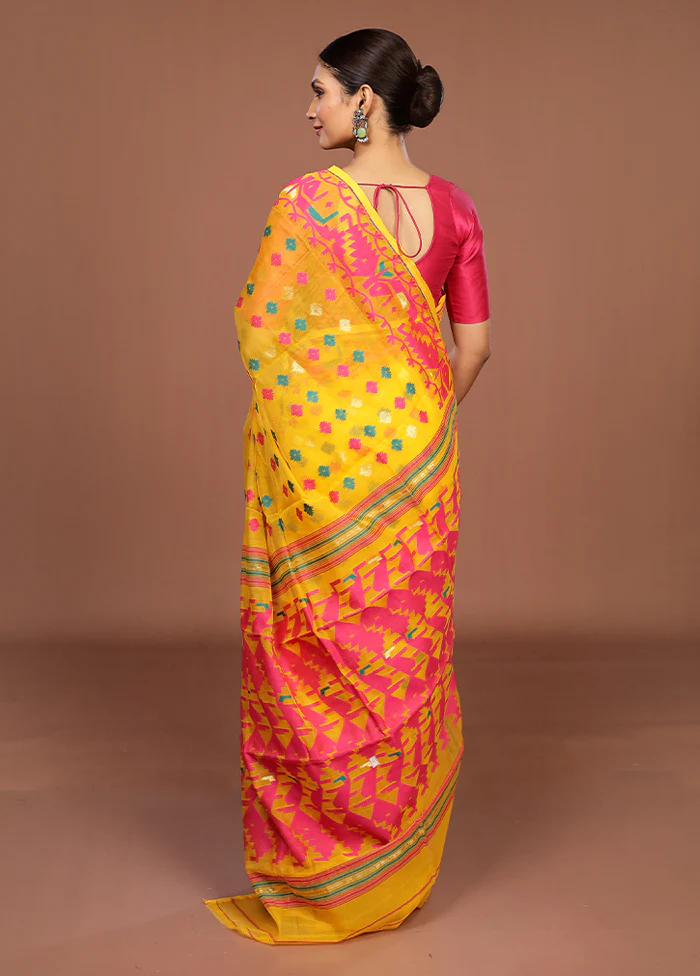 Yellow Jamdani Cotton Saree Without Blouse Piece - Image 3