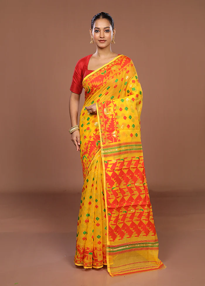 Yellow Jamdani Cotton Saree Without Blouse Piece - Image 2