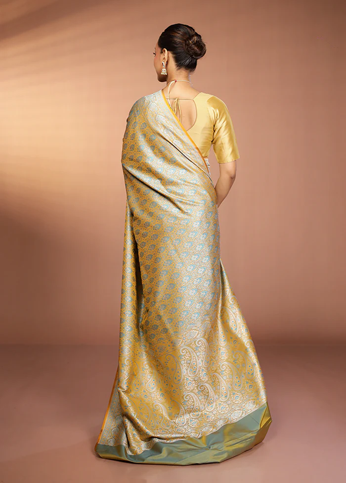 Yellow Jamewar Silk Saree With Blouse Piece - Image 3