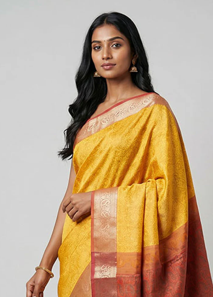 Yellow Jamewar Silk Saree With Blouse Piece - Image 2