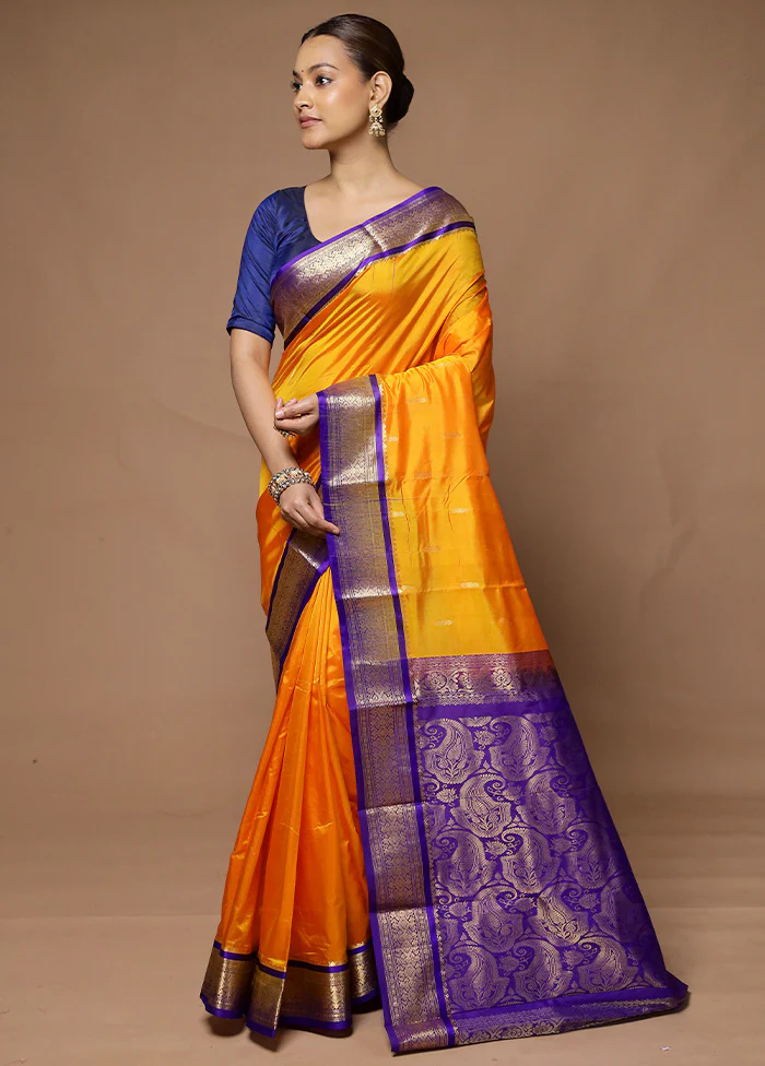Yellow Kanjivaram Silk Saree With Blouse Piece - Image 4