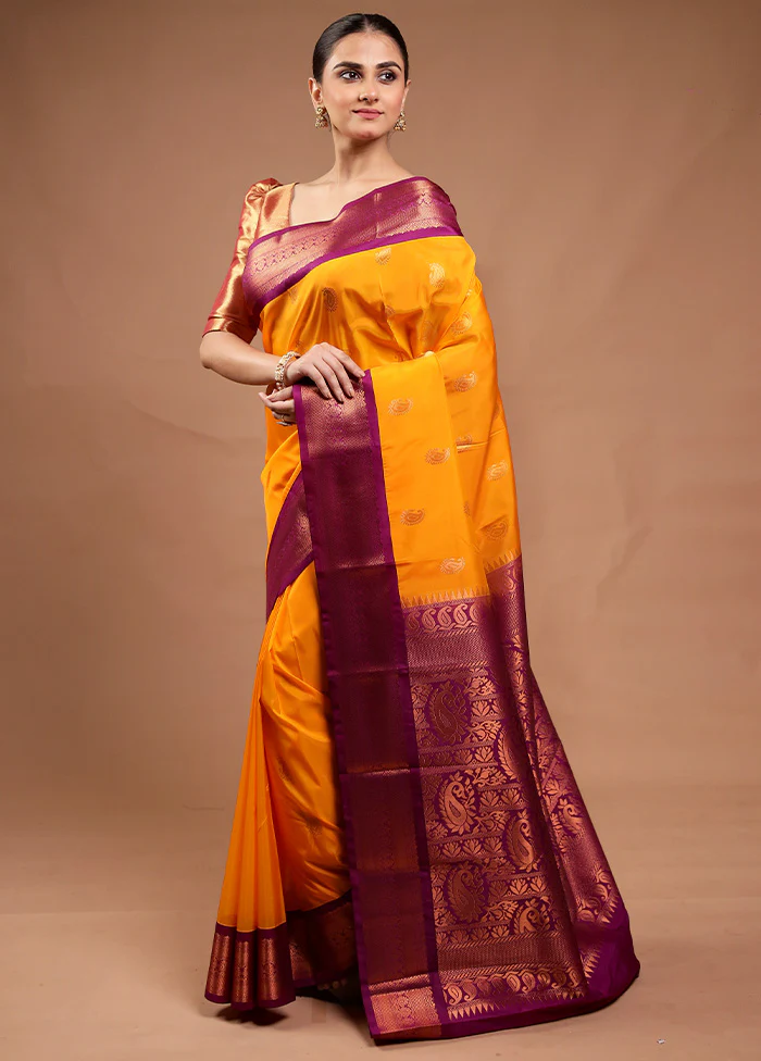 Yellow Kanjivaram Silk Saree With Blouse Piece - Image 4