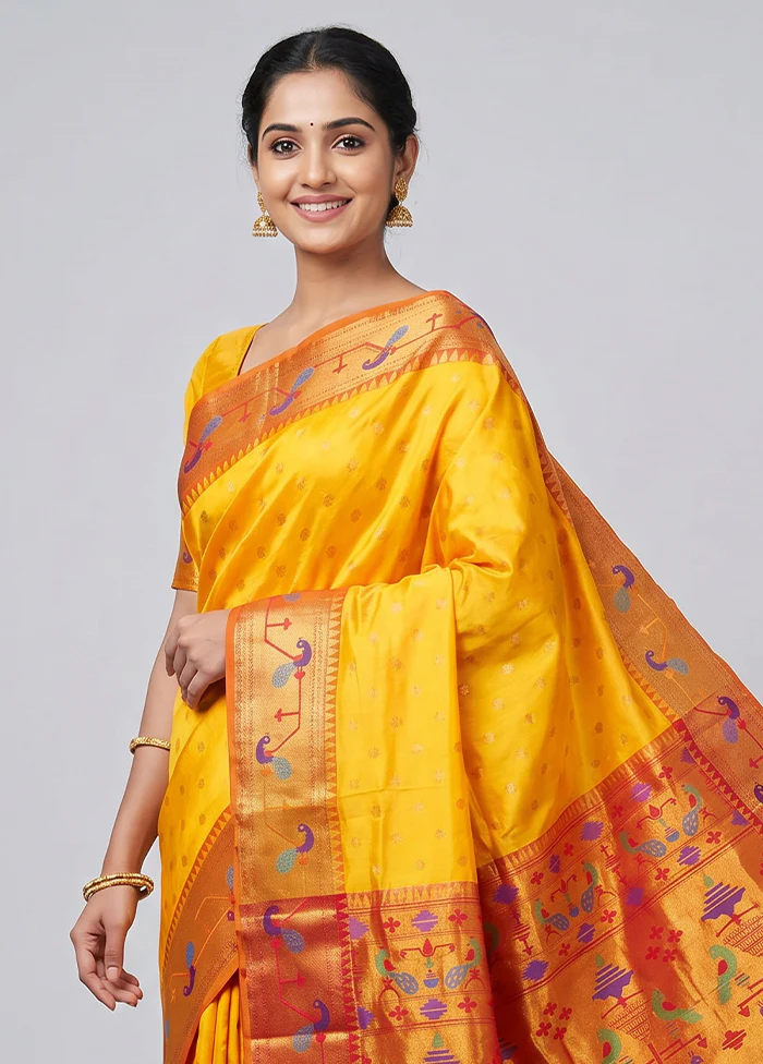 Yellow Kanjivaram Silk Saree With Blouse Piece - Image 2