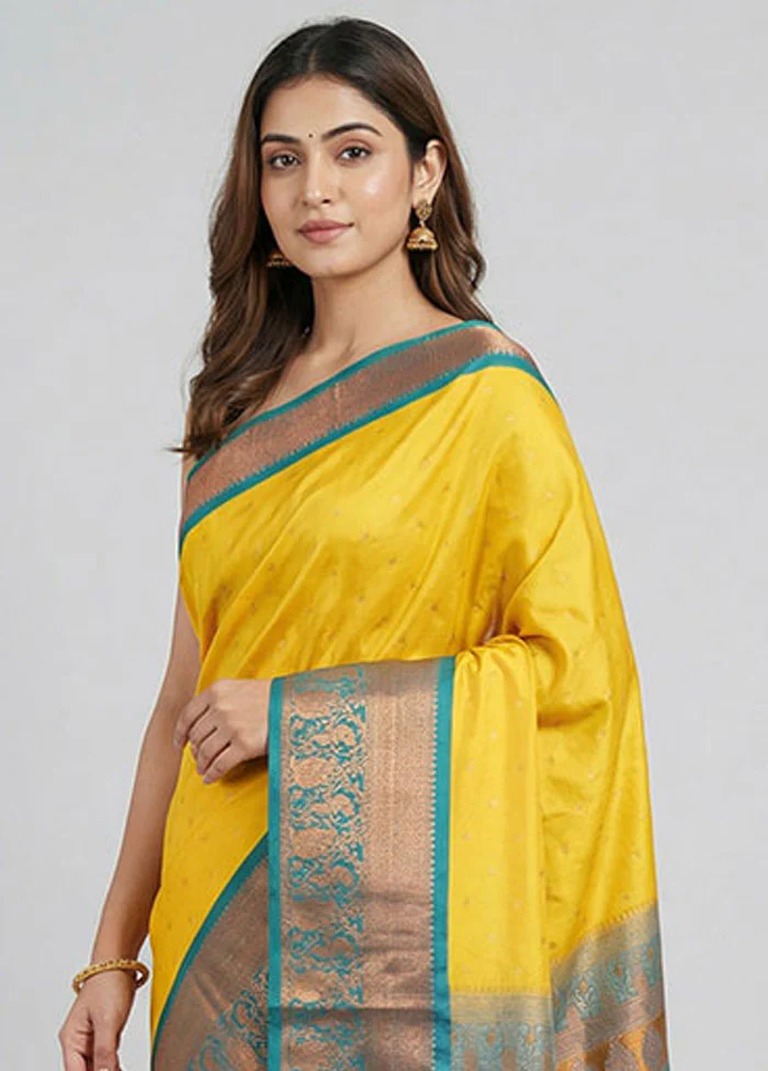 Yellow Kanjivaram Silk Saree With Blouse Piece - Image 2