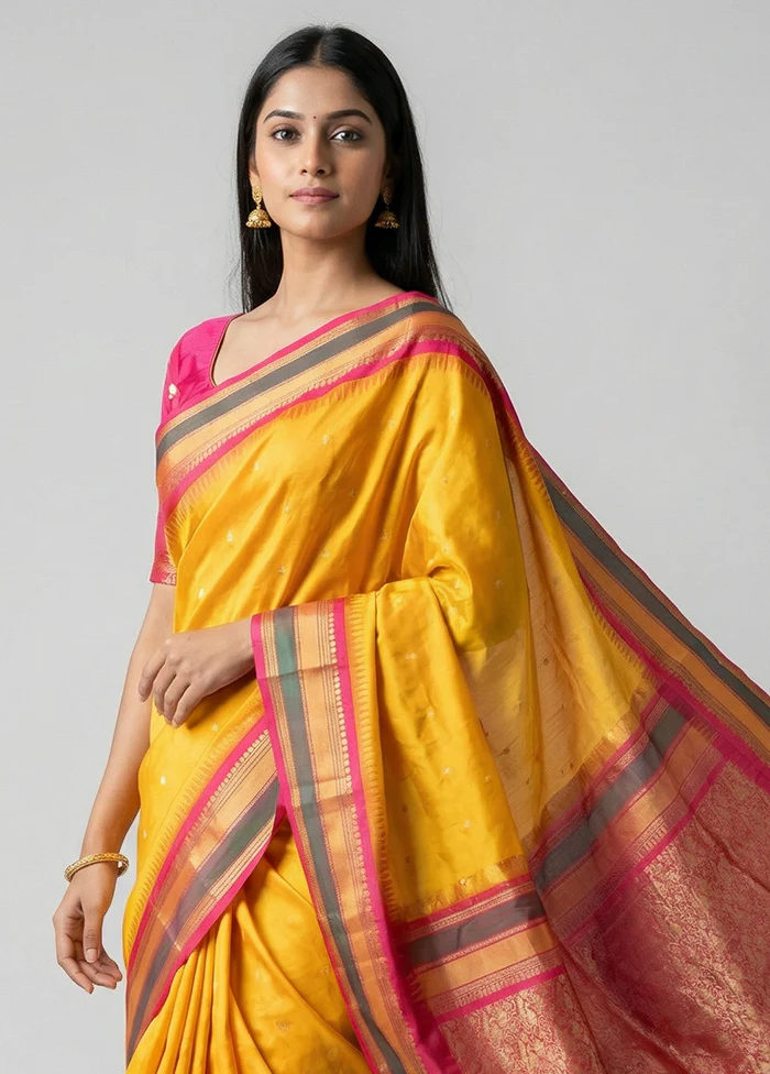 Yellow Kanjivaram Silk Saree With Blouse Piece - Image 2