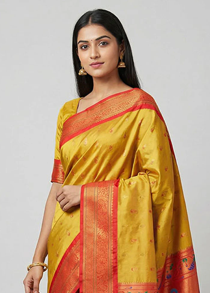 Yellow Kanjivaram Silk Saree With Blouse Piece - Image 2
