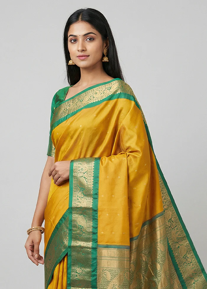 Yellow Kanjivaram Silk Saree With Blouse Piece - Image 2