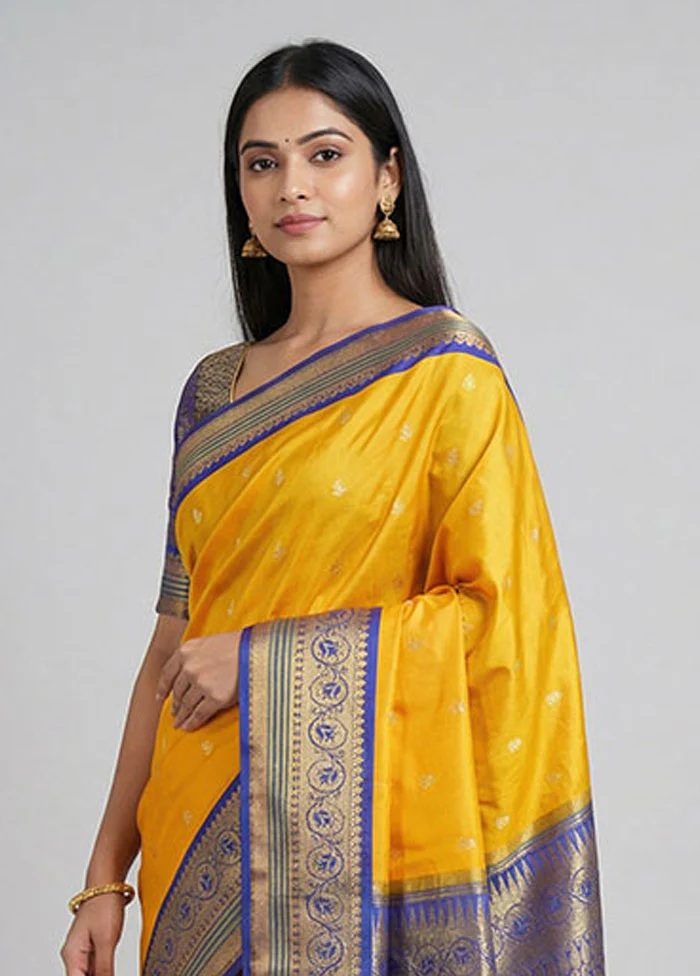 Yellow Kanjivaram Silk Saree With Blouse Piece - Image 2