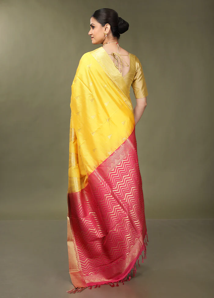 Yellow Kanjivaram Silk Saree With Blouse Piece - Image 3