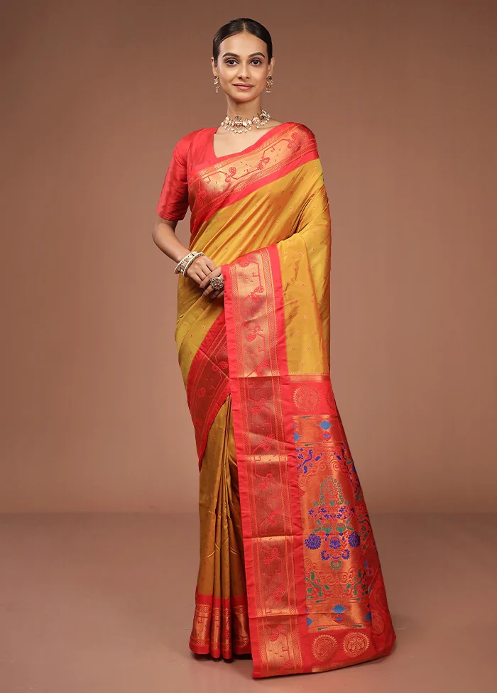 Yellow Kanjivaram Silk Saree With Blouse Piece - Image 2