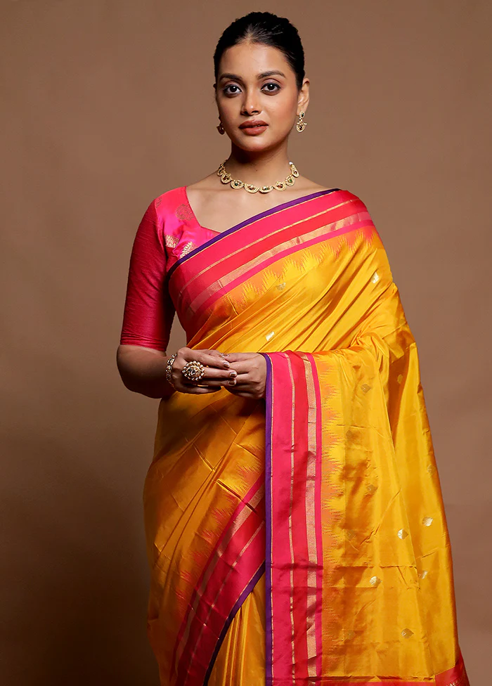 Yellow Kanjivaram Silk Saree With Blouse Piece - Image 2