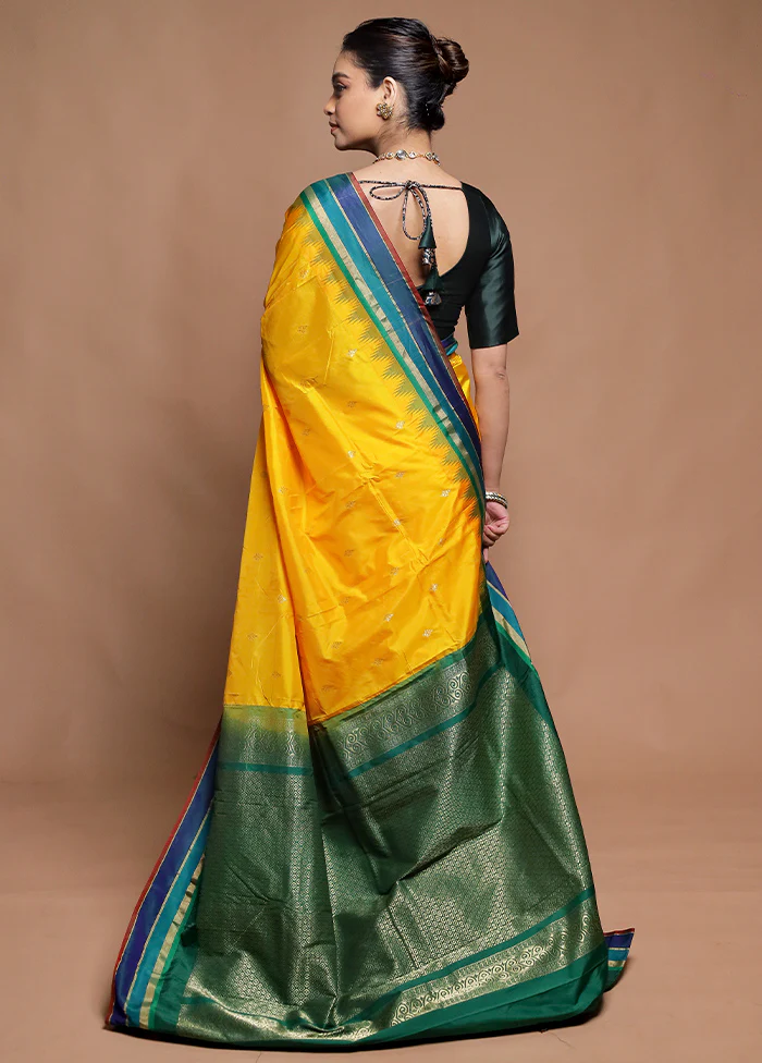 Yellow Kanjivaram Silk Saree With Blouse Piece - Image 3