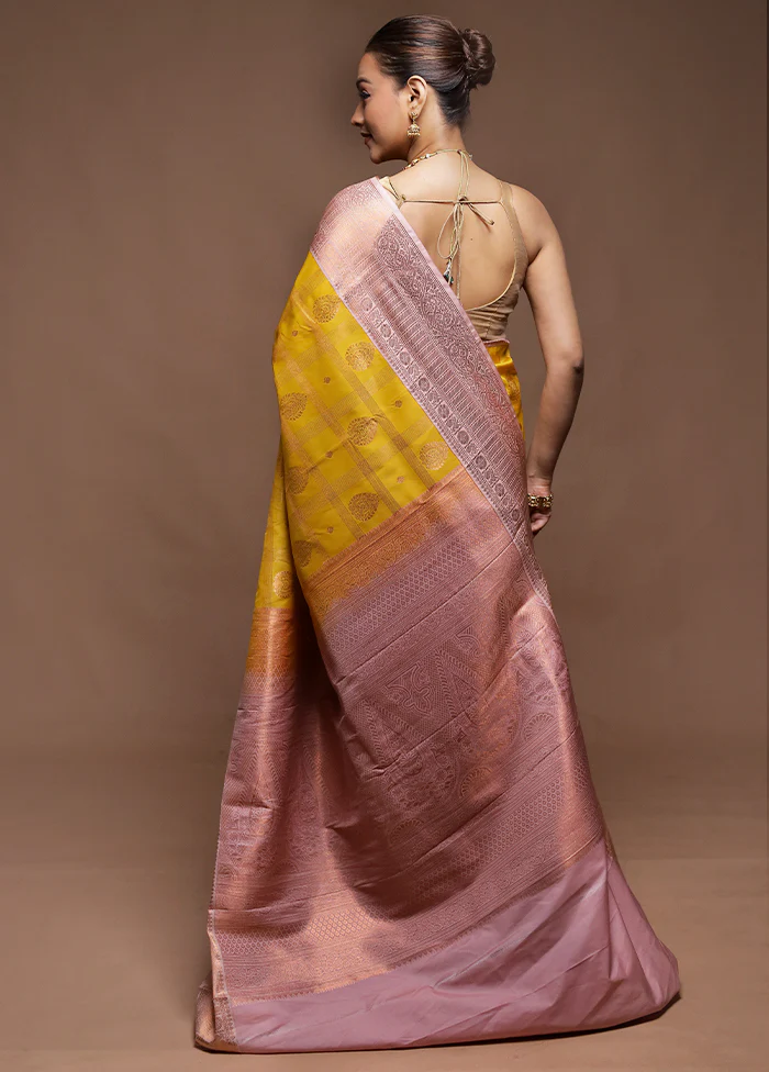Yellow Kanjivaram Silk Saree With Blouse Piece - Image 3