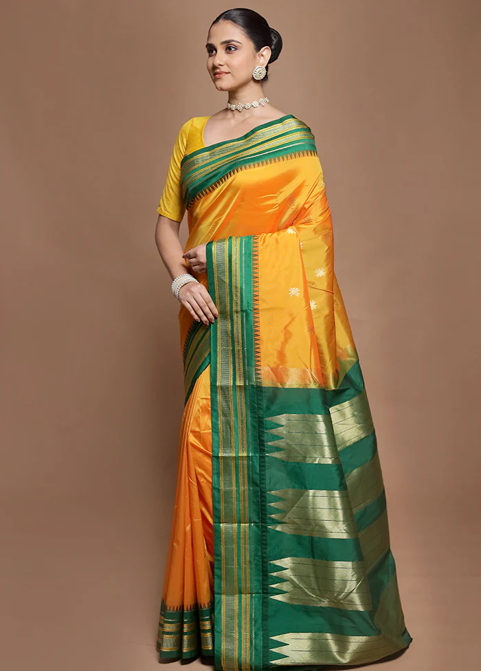 Yellow Kanjivaram Silk Saree With Blouse Piece - Image 4