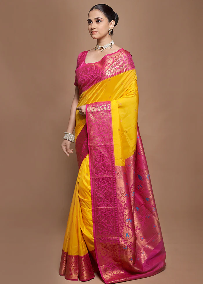 Yellow Kanjivaram Silk Saree With Blouse Piece - Image 4