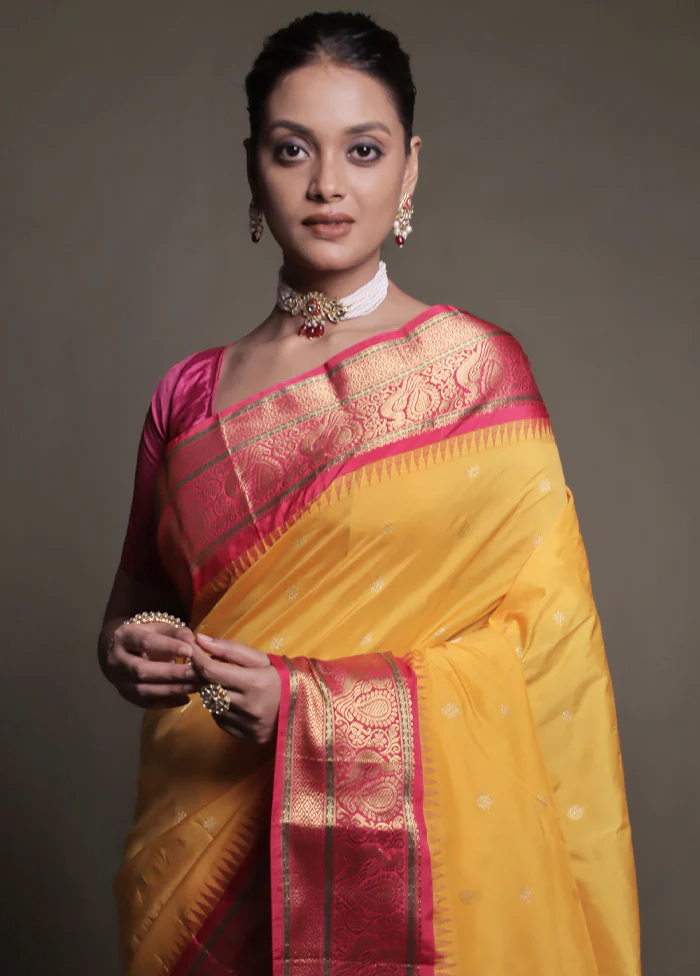 Yellow Kanjivaram Silk Saree With Blouse Piece - Image 2