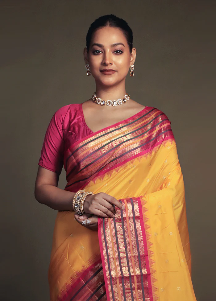 Yellow Kanjivaram Silk Saree With Blouse Piece - Image 2