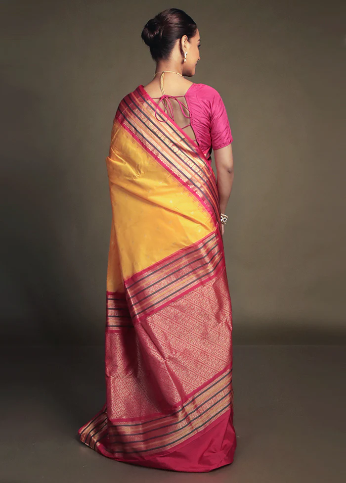 Yellow Kanjivaram Silk Saree With Blouse Piece - Image 3