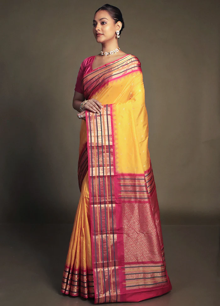 Yellow Kanjivaram Silk Saree With Blouse Piece - Image 4