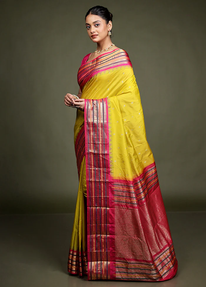 Yellow Kanjivaram Silk Saree With Blouse Piece - Image 4