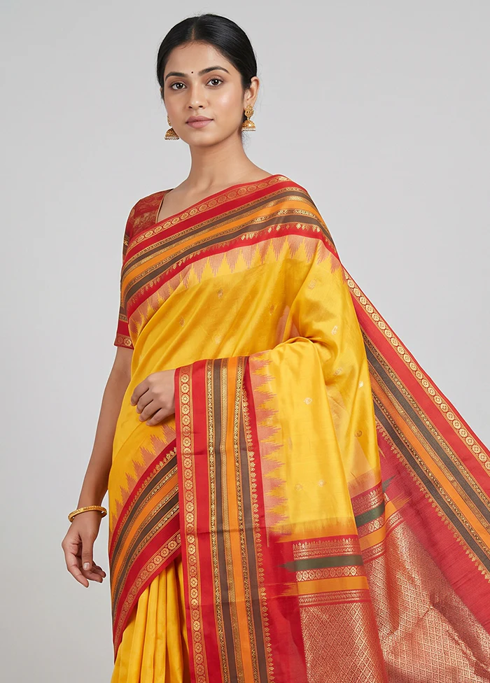 Yellow Kanjivaram Silk Saree With Blouse Piece - Image 2