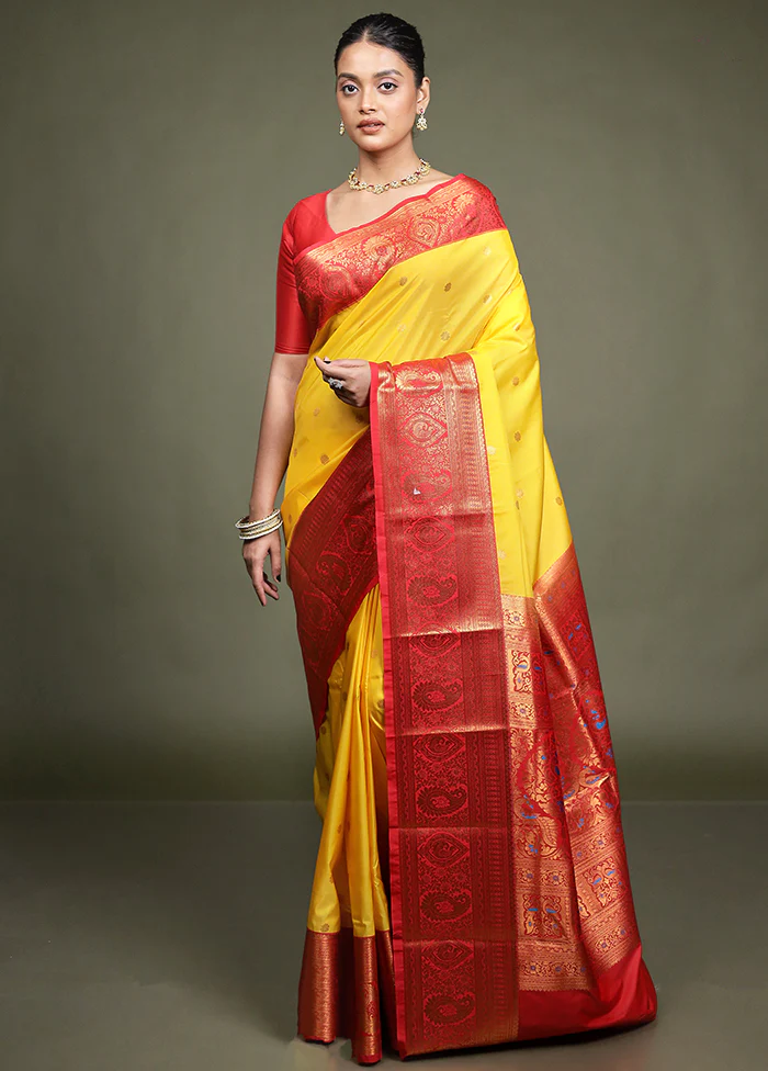 Yellow Kanjivaram Silk Saree With Blouse Piece - Image 2