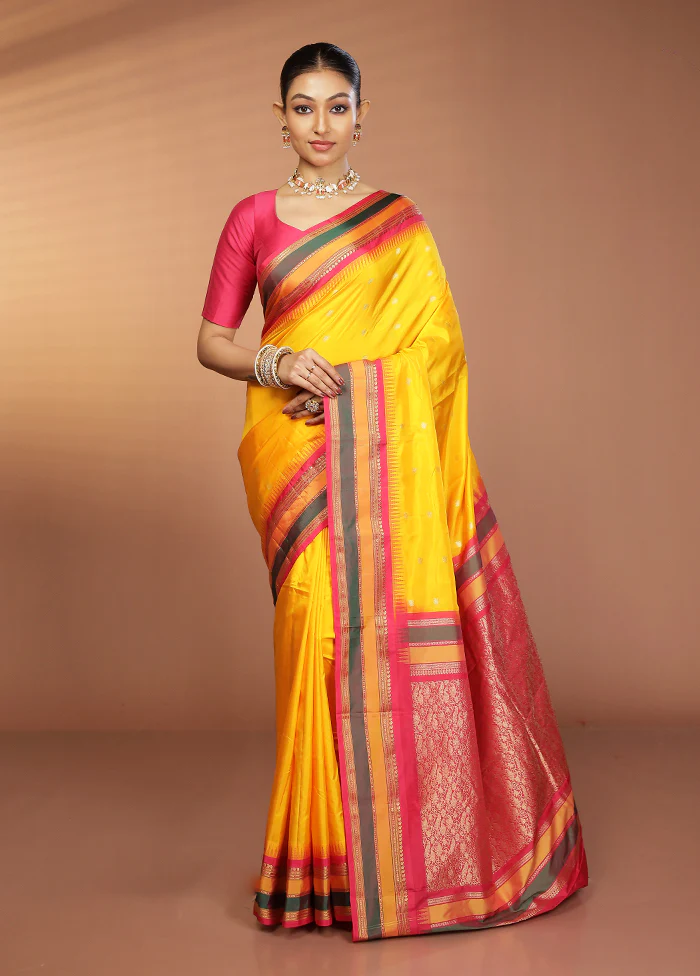 Yellow Kanjivaram Silk Saree With Blouse Piece - Image 2