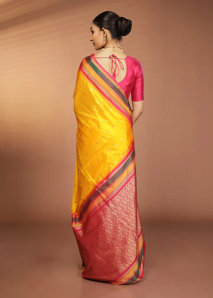 Yellow Kanjivaram Silk Saree With Blouse Piece - Image 3