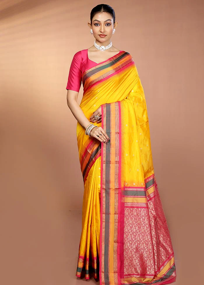 Yellow Kanjivaram Silk Saree With Blouse Piece - Image 2