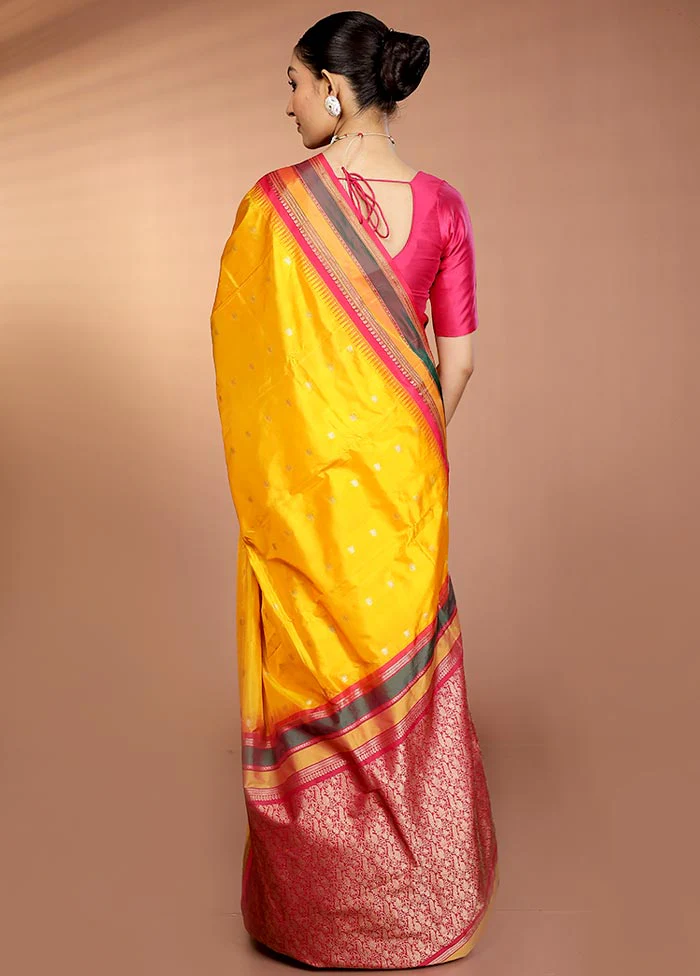 Yellow Kanjivaram Silk Saree With Blouse Piece - Image 3