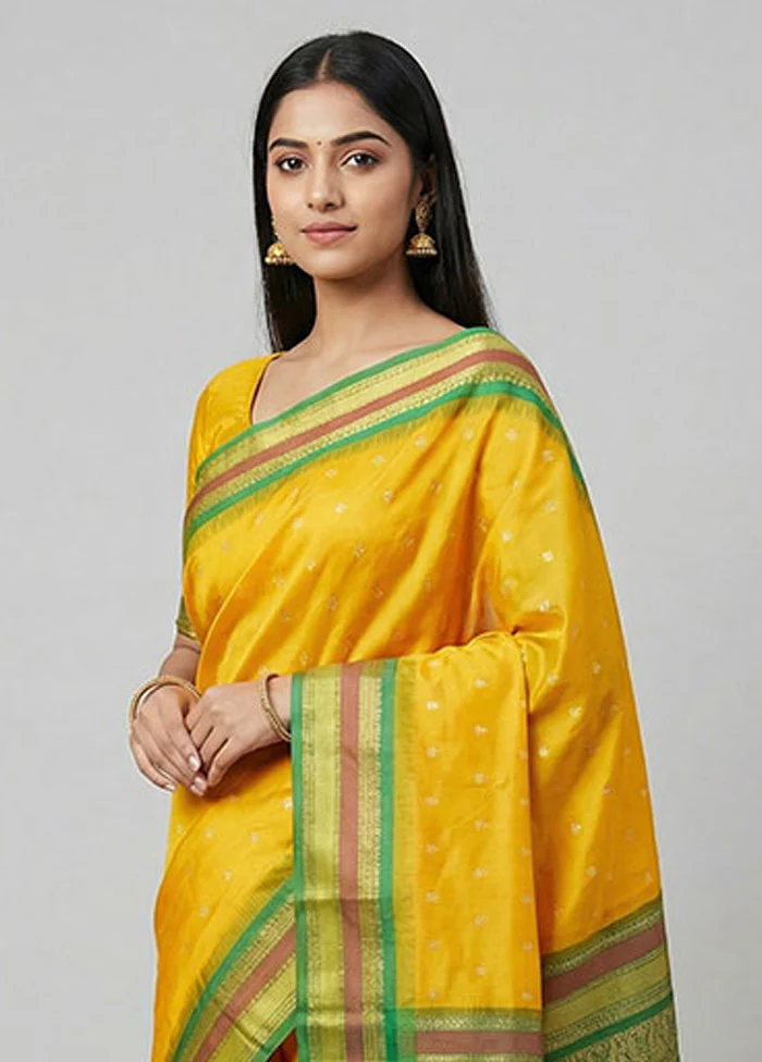 Yellow Kanjivaram Silk Saree With Blouse Piece - Image 2