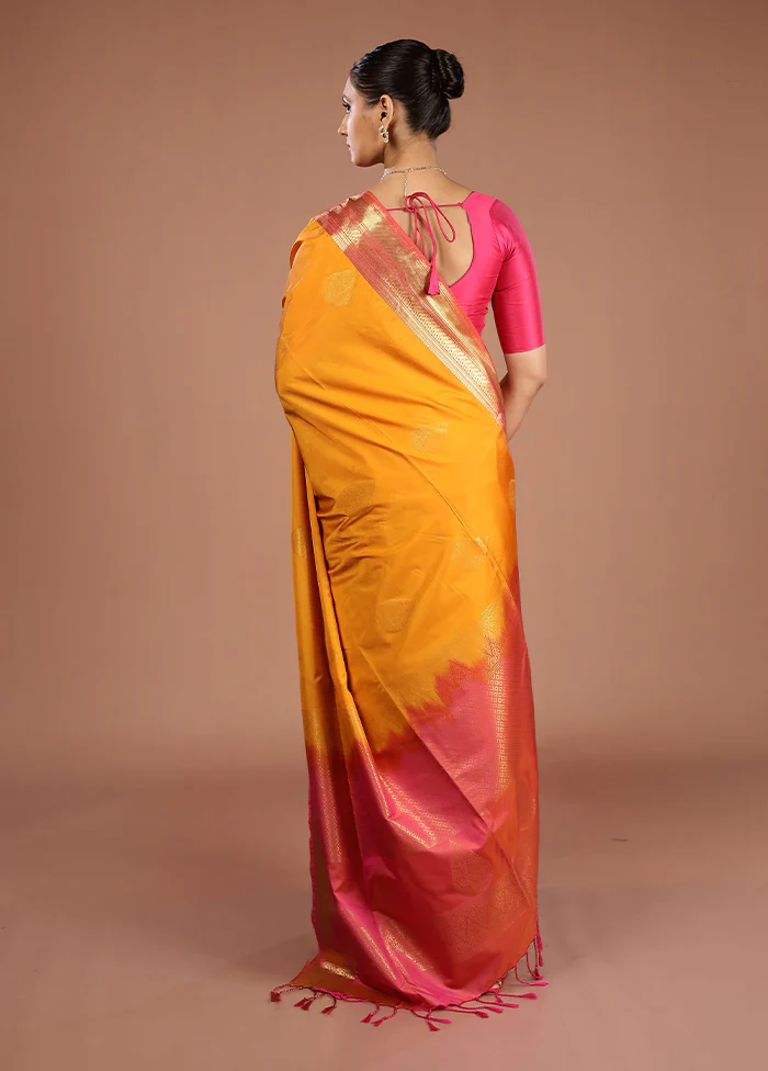 Yellow Kanjivaram Silk Saree With Blouse Piece - Image 3