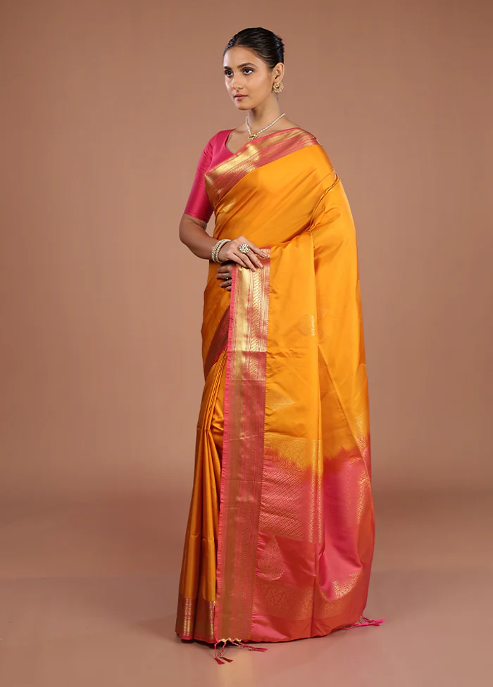 Yellow Kanjivaram Silk Saree With Blouse Piece - Image 4