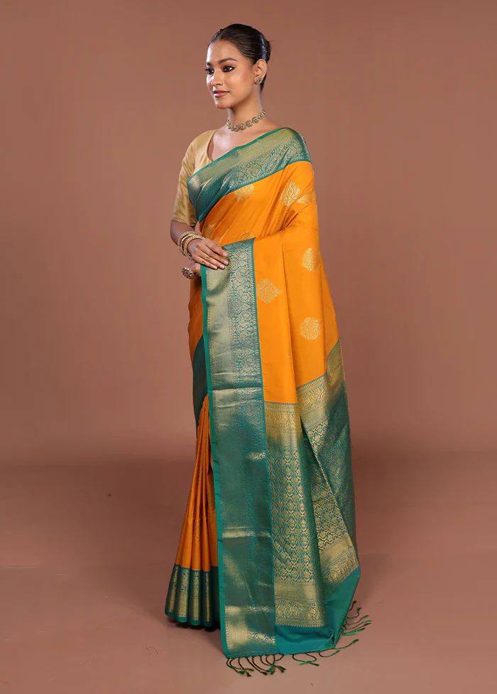 Yellow Kanjivaram Silk Saree With Blouse Piece - Image 4