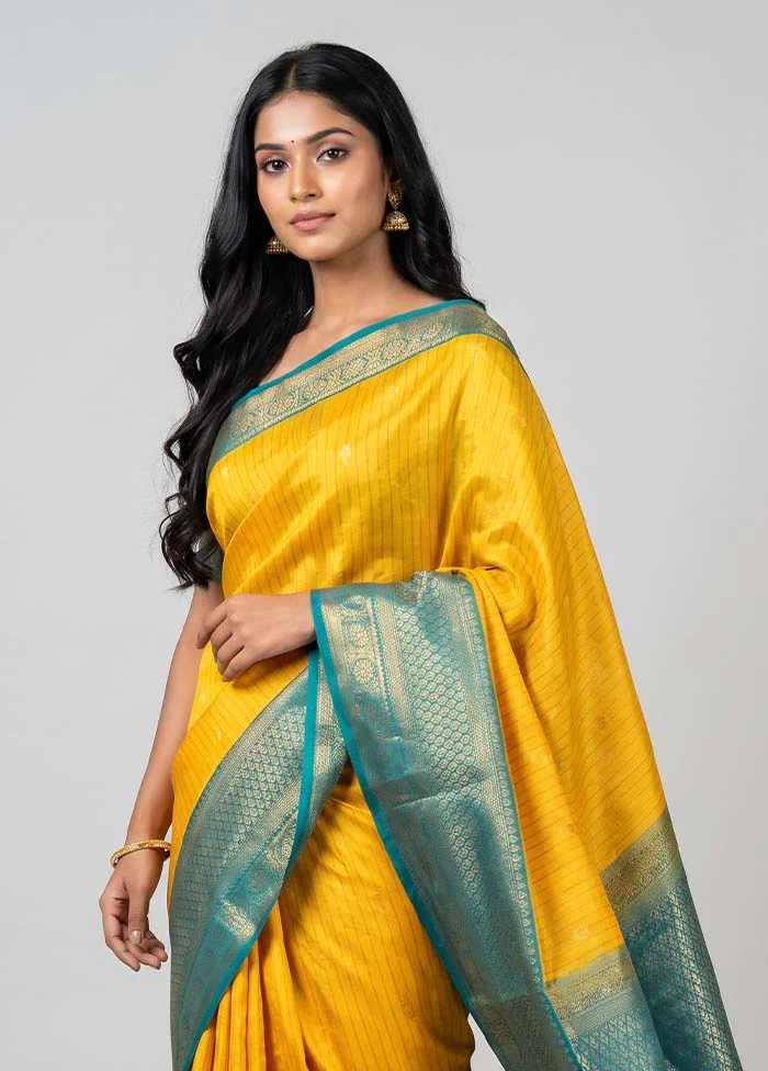 Yellow Kanjivaram Silk Saree With Blouse Piece - Image 2