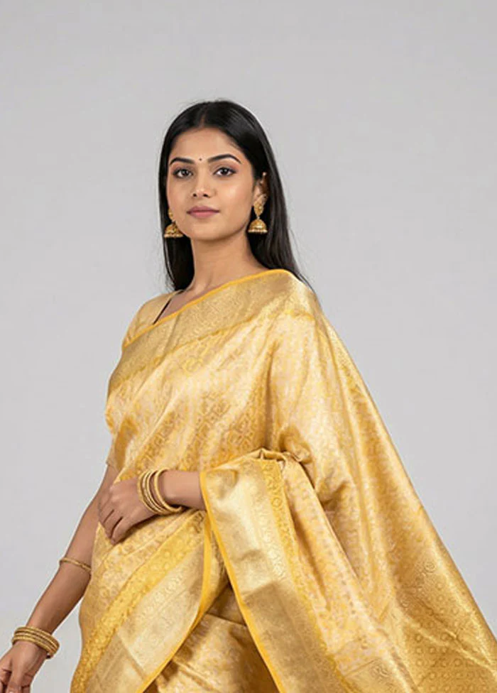 Yellow Kanjivaram Silk Saree With Blouse Piece - Image 2