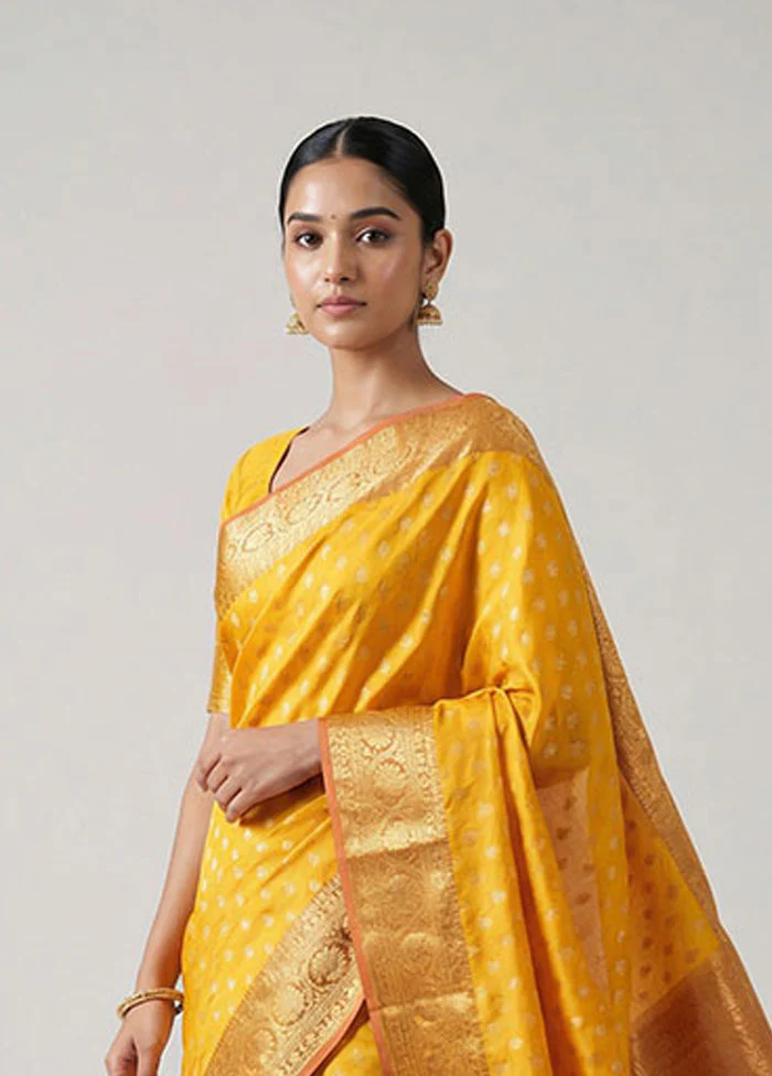 Yellow Kanjivaram Silk Saree With Blouse Piece - Image 2