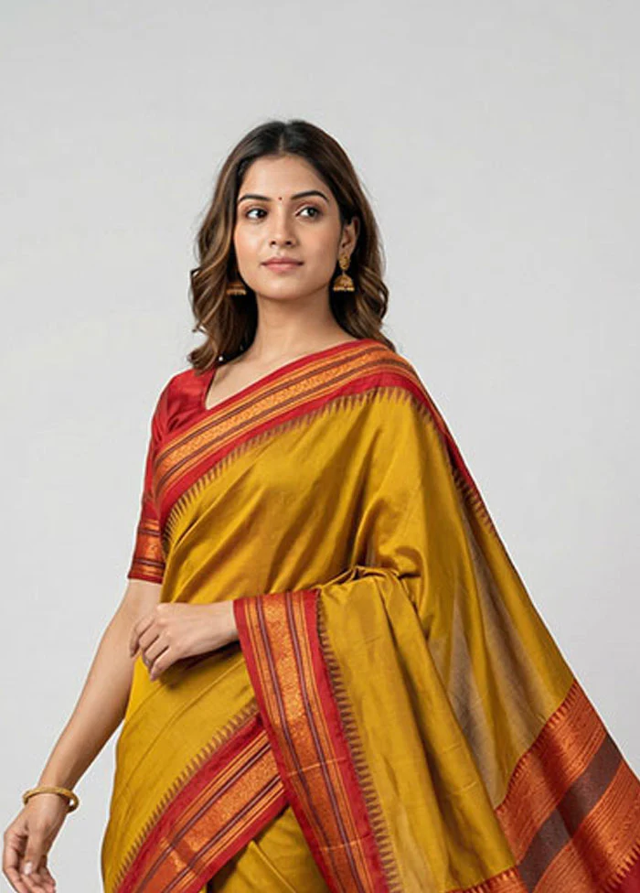 Yellow Kanjivaram Silk Saree With Blouse Piece - Image 2