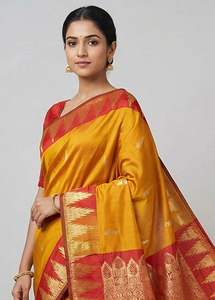 Yellow Kanjivaram Silk Saree With Blouse Piece - Image 2