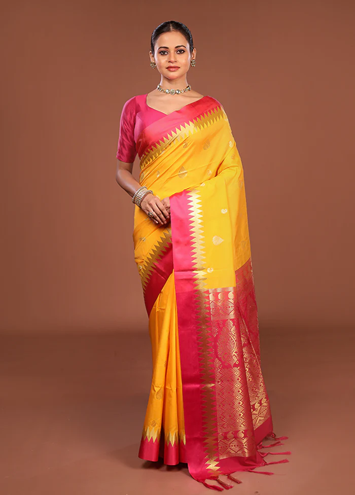 Yellow Kanjivaram Silk Saree With Blouse Piece - Image 2