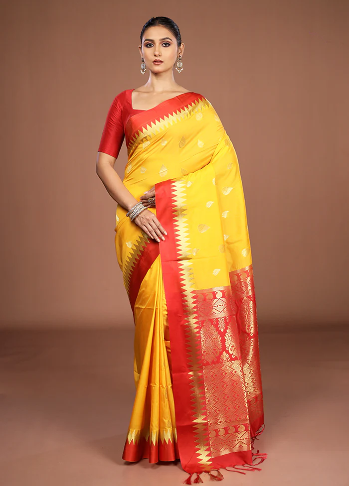 Yellow Kanjivaram Silk Saree With Blouse Piece - Image 2