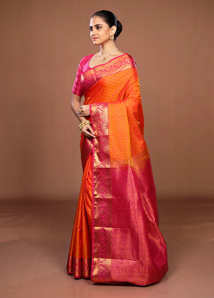 Yellow Kanjivaram Silk Saree With Blouse Piece - Image 4
