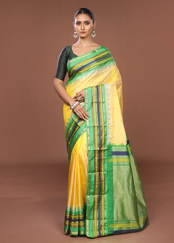 Yellow Kanjivaram Silk Saree With Blouse Piece - Image 2