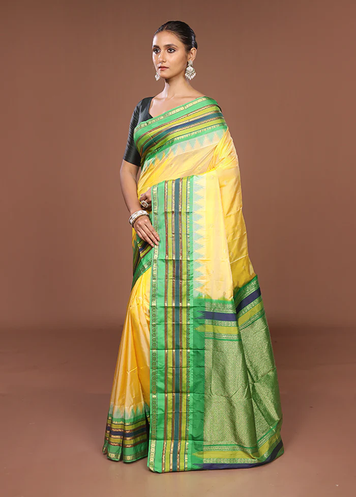 Yellow Kanjivaram Silk Saree With Blouse Piece - Image 4