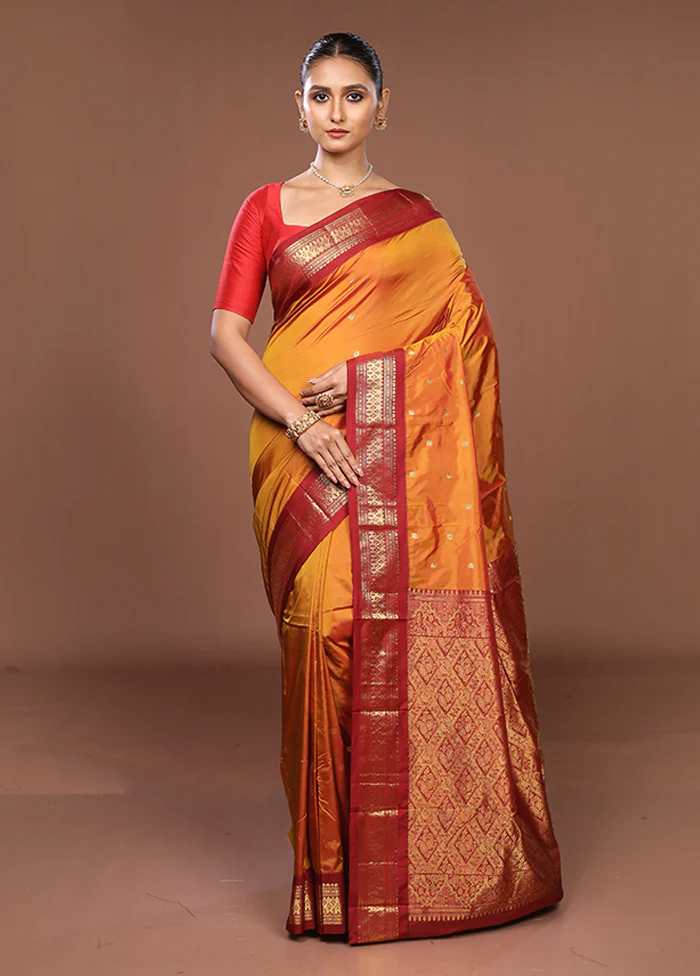 Yellow Kanjivaram Silk Saree With Blouse Piece - Image 2